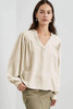 White Solid Color Lantern Sleeve Notched V Neck Blouse