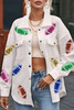 Beige Sequin Rugby Textured Knit Collared Shirt Jacket