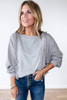 Light Grey Waffle Patchwork Long Sleeve Raw Hem Pullover Top