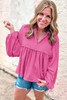 Bright Pink Corded Turn-down V Neck Bubble Sleeve Babydoll Blouse