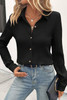 Black Solid Color Textured Buttoned Turn Down Collar Shirt