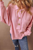 Pink Ribbed Knit Collared Henley Top with Chest Pocket