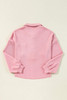 Pink Ribbed Knit Collared Henley Top with Chest Pocket