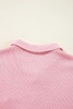 Pink Ribbed Knit Collared Henley Top with Chest Pocket