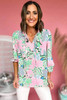 Green Floral Print V Neck Tied Loose Blouse