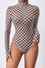 Brown Checkered Printed Long Sleeve High Neck Bodysuit