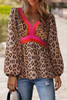 Khaki Cheetah Color Block V Neck Balloon Sleeve Babydoll Blouse