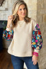 White Contrast Floral Sleeve Textured Drop Shoulder Knit Top