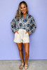 Blue Tribal Pattern Buttoned Front Loose Shirt