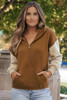 Chestnut Color Block Half Zip Kangaroo Pocketed Hoodie