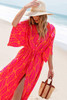 Orange Leafy Print 3/4 Sleeve V Neck Buttoned Split Maxi Dress