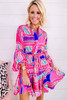 Rose Boho Abstract Printed Puff Sleeve Drawstring Waist Ruffled Mini Dress
