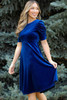 Sail Blue Velvet Ruched Short Sleeve Pocketed Mini Dress