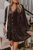 Dark Brown Textured Velvet V Neck Shift Dress