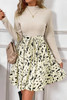 Beige Ribbed Knit Patchwork Printed Belted A-line Dress