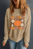 Khaki Floral Checkered Pumpkin Graphic Drop Shoulder Thanksgiving Sweatshirt