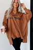 Chestnut Sequin Happy Halloween Graphic Notched Neck Long Sleeve Loose Top
