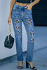 Sky Blue Halloween Skull Patchwork Distressed Straight Jeans