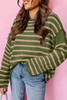Green Stripe Drop Shoulder Casual Sweater
