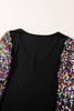 Black Sequin Bishop Sleeve U Neck Mini Sweater Dress