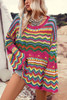 Rose Red Colorblock Striped Hollowed Knit Loose Sleeve Sweater