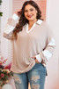 Parchment Corded Colorblock Long Sleeve Slit V Neck Plus Top