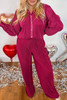 Rose Red Plus Size Ribbed Long Sleeve Shirt and Pants Pajama Set