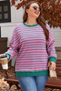 Pink Stripe Waffle Knit Crew Neck Plus Size Sweatshirt