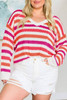Pink Stripe V Neck Drop Shoulder Plus Size Sweater