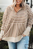 Brown Stripe Quarter Buttons Drop Sleeve Plus Size Hoodie