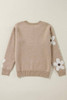 Parchment Flower Pattern Ribbed Trim Crew Neck Sweater