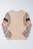 Parchment Contrast Floral Patchwork Puff Sleeve Waffle Knit Top