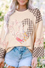 Beige Plaid Floral Peace Heart Graphic Wide Long Sleeve Top Beige Plaid Floral Peace Heart Graphic Wide Long Sleeve Top