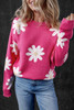 Bright Pink Daisy Flower Crew Neck Long Sleeve Sweater