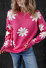 Bright Pink Daisy Flower Crew Neck Long Sleeve Sweater
