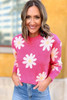 Bright Pink Daisy Flower Crew Neck Long Sleeve Sweater
