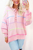Pink Rainbow Stripes Drop Shoulder Baggy Henley Sweater