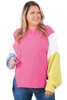 Rose Red Colorblock Patchwork Striped Puff Sleeve Plus Size Top with Slits