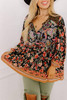 Black Plus Size Paisley Floral Print V Neck Bubble Sleeve Blouse