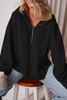 Black Fleece Lined Half Zipper Kangaroo Pockets Loose Hoodie
