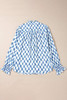 Sky Blue Boho Floral Printed Lantern Sleeve Frilled Neck Shirred Shirt