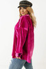 Bright Pink Plus Size Velvet Chest Pocket Drop Shoulder Shirt