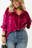 Bright Pink Plus Size Velvet Chest Pocket Drop Shoulder Shirt