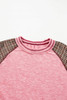 Fushia Mixed Print Patchwork Raglan Ribbed Knit Top