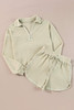 Parchment Textured Buttoned Long Sleeve Top 2 Piece Shorts Set