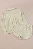 Parchment Textured Buttoned Long Sleeve Top 2 Piece Shorts Set