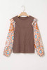 Coffee Ruffled Floral Sleeve Patchwork Waffle Knit O Neck Blouse Coffee Ruffled Floral Sleeve Patchwork Waffle Knit O Neck Blouse