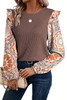 Coffee Ruffled Floral Sleeve Patchwork Waffle Knit O Neck Blouse Coffee Ruffled Floral Sleeve Patchwork Waffle Knit O Neck Blouse
