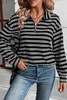 Black Stripe Textured Quarter Zip Collar Long Sleeve Top