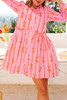 Pink Bowknot Striped Printed Tiered Ruffled Mini Shirt Dress Pink Bowknot Striped Printed Tiered Ruffled Mini Shirt Dress